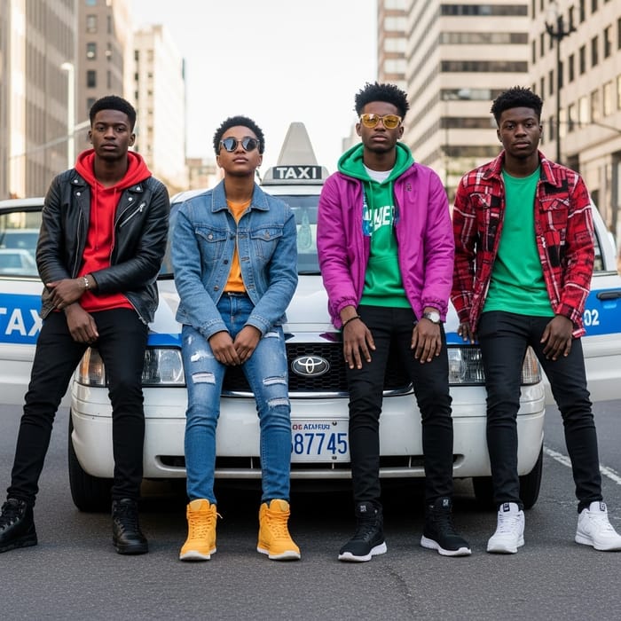 Vibrant Urban Fashion Teens Pose by Blue Taxi | Cityscape Photoshoot