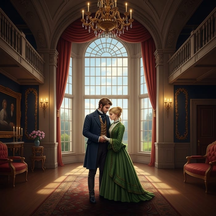 Victorian Lovers in Mansion Interior, Detailed Artistic Illustration Victorian Lovers in Mansion Interior, Detailed Artistic Illustration