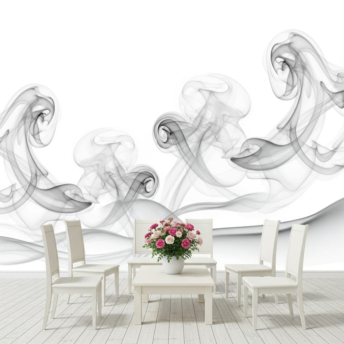 Elegant White Setting with Coffee Table, Five Chairs, and Roses