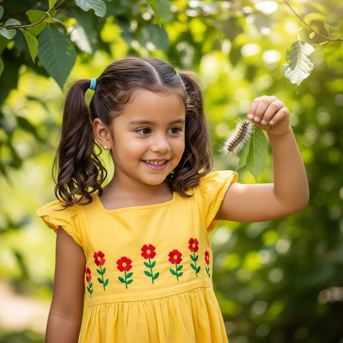 Joyful Hispanic Little Girl Scooping Fuzzy Caterpillar in Yellow Sundress Joyful Hispanic Little Girl Scooping Fuzzy Caterpillar in Yellow Sundress