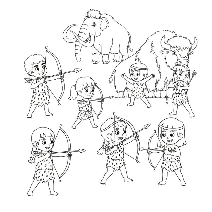 Prehistoric Kids Coloring Page: Mammoth, Bison, and Hunter Sketch