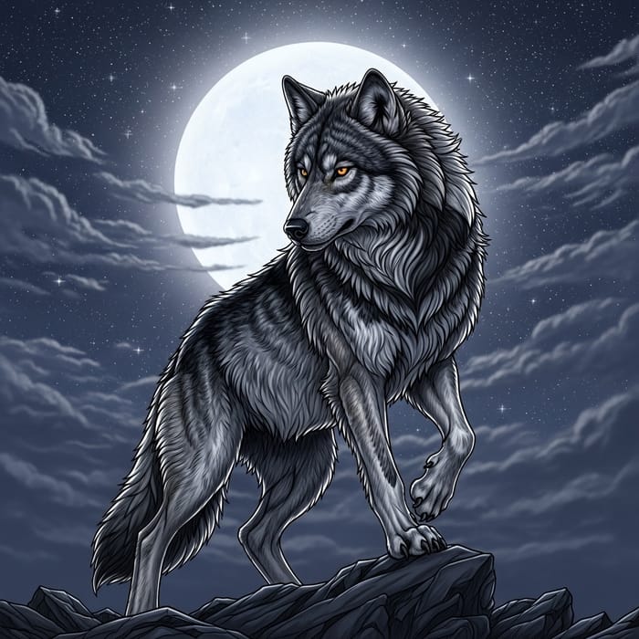 Majestic Lobo Under a Full Moon Illustration Majestic Lobo Under a Full Moon Illustration