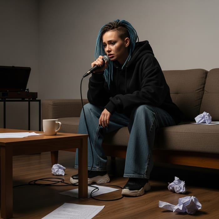 Depressed Female Rapper in Dimly Lit Room | Visual of Despair Depressed Female Rapper in Dimly Lit Room | Visual of Despair