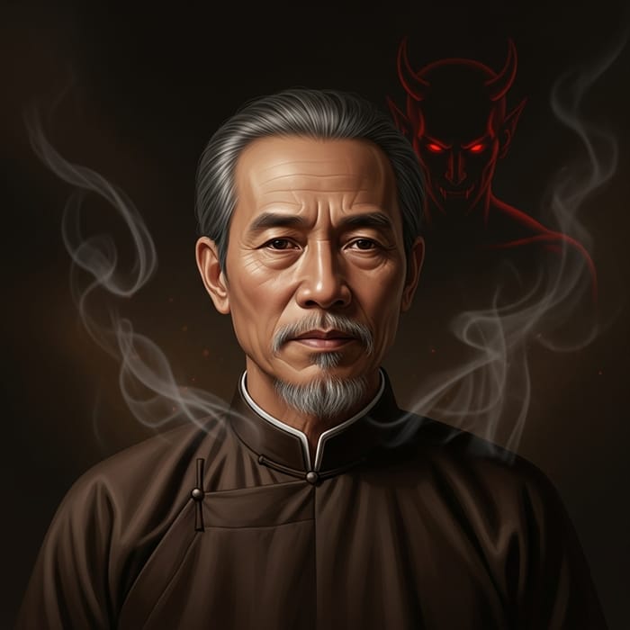 Vietnam Man Contemplating Buddha with Hidden Devil | Deep Portrait