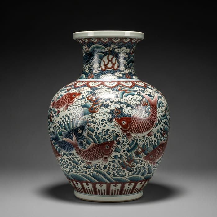 Kangxi Ceramic Vase with Carps Leaping Over Dragon Gate