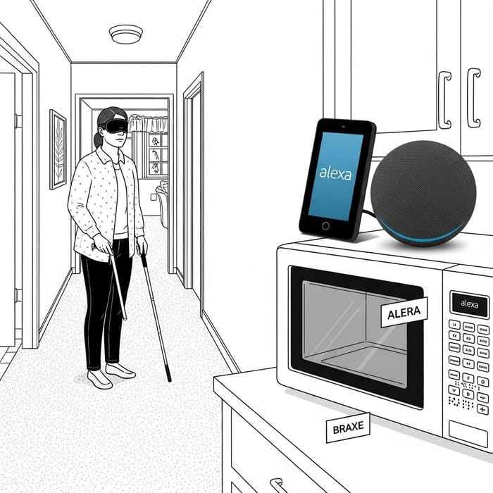 Black and White Drawing of a Blind Person in a House with Assistive Technology Black and White Drawing of a Blind Person in a House with Assistive Technology