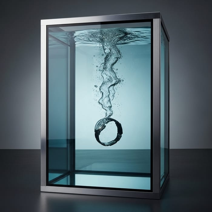 Metal and Glass Box with Water and Wristwatch Metal and Glass Box with Water and Wristwatch