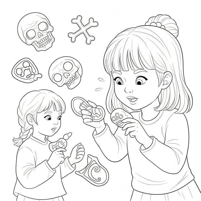 Whimsical Cartoon Coloring Page: Child with Death Symbols Whimsical Cartoon Coloring Page: Child with Death Symbols
