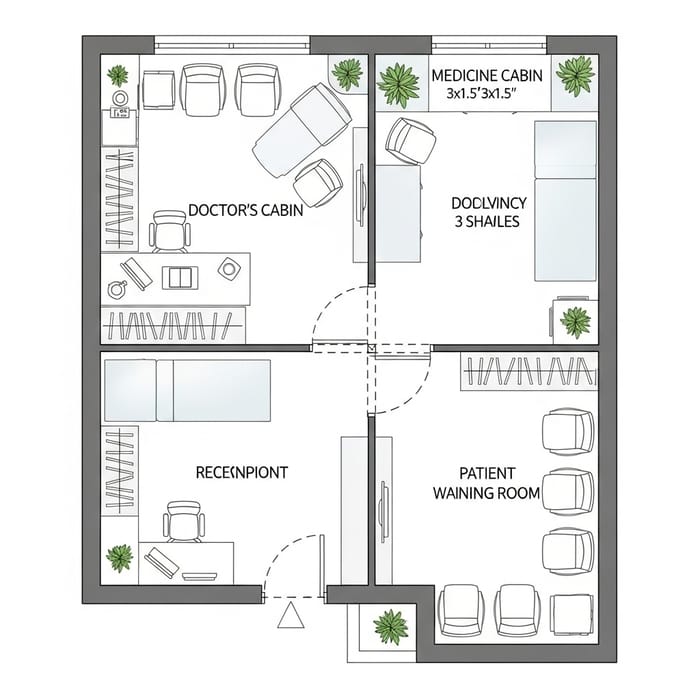 110-Sq-Ft Homoeopathy Clinic Layout: Doctors' Cabin, Medicine Cabin, Patient Waiting Room
