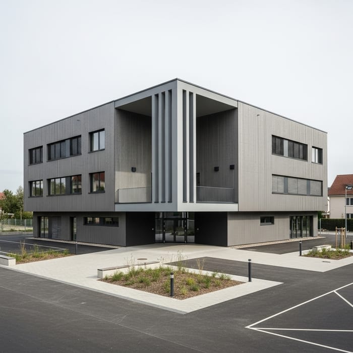 Modern Schoolyard with Gray Wood Facade | 70m by 70m Modern Schoolyard with Gray Wood Facade | 70m by 70m