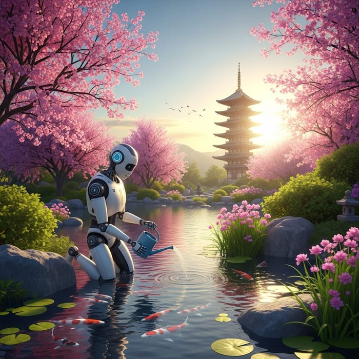 Harmony of Nature: AI-Powered Japanese Garden with High-Tech Robot