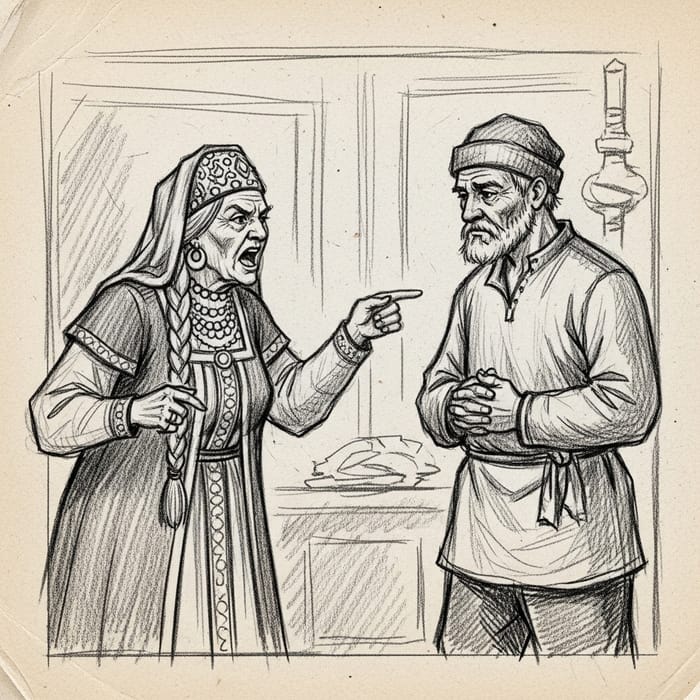 Russian Monarch Startles Elderly Fisherman: Artwork in Gray Crayon Sketch
