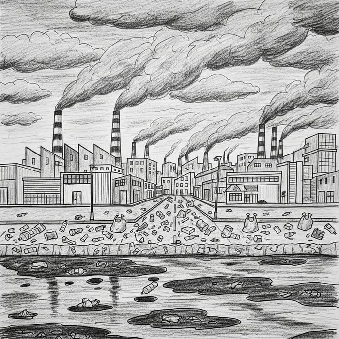 World Pollution Sketch: Factories, Plastic Litter & Oil Spills World Pollution Sketch: Factories, Plastic Litter & Oil Spills