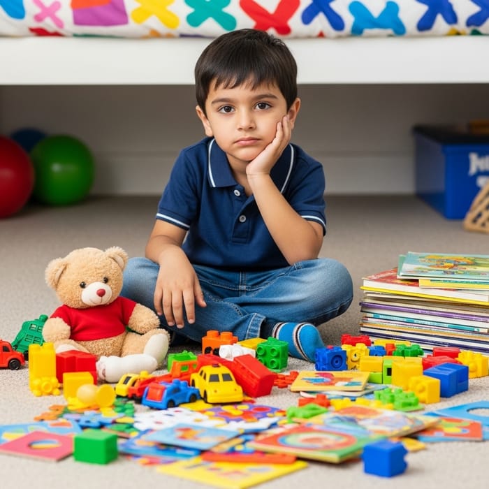 Tired Little Boy Finds Solace In His Playthings Tired Little Boy Finds Solace In His Playthings