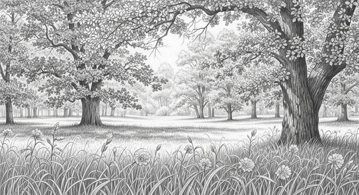 Serene Oak Grove and Vibrant Grasses Sketch Serene Oak Grove and Vibrant Grasses Sketch