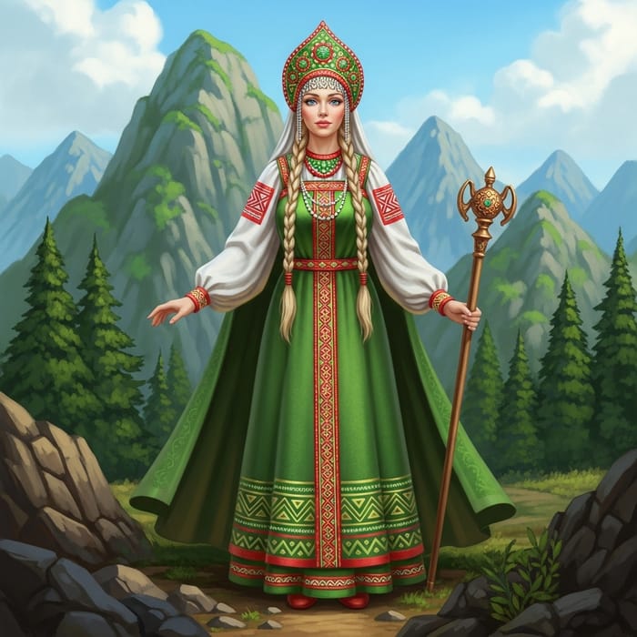 Mistress of the Copper Mountain in Traditional Slavic Green Attire