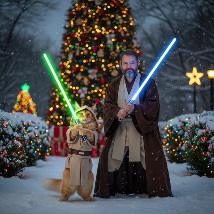 Jedi Cat Festive Holiday Duel with Obi-Wan Kenobi