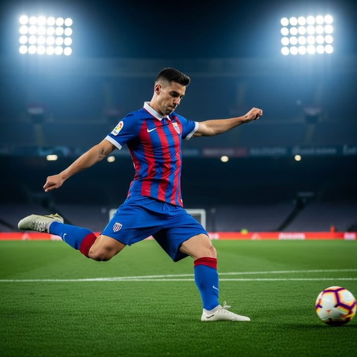 Dynamic Soccer Player Messi in Blue & Red Kit | Stadium Lights Dynamic Soccer Player Messi in Blue & Red Kit | Stadium Lights