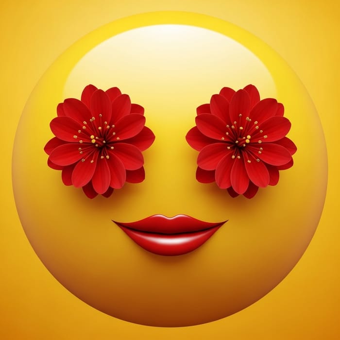 Bright Yellow Smile Emoji with Red Flower Eyes Bright Yellow Smile Emoji with Red Flower Eyes