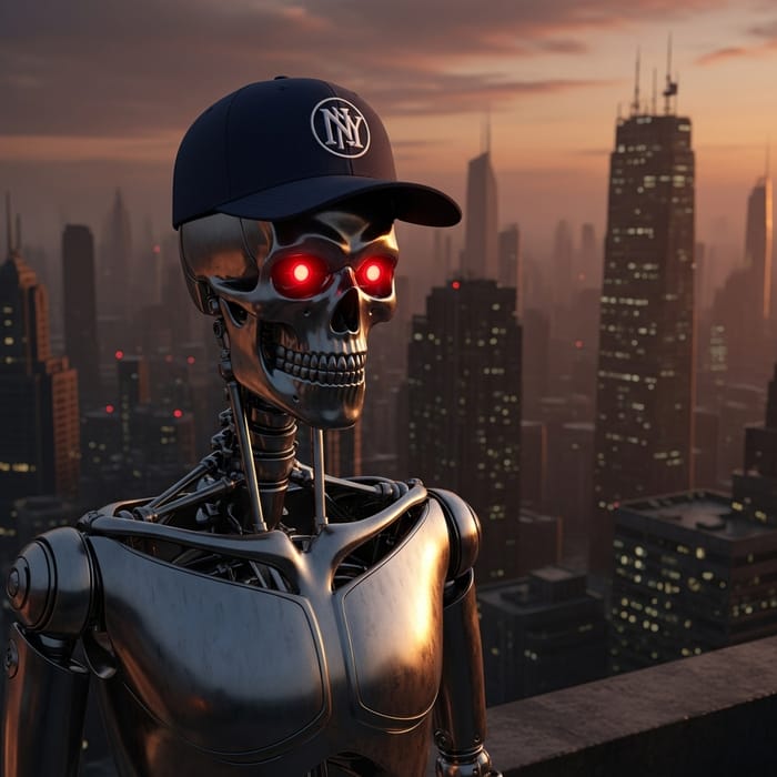 Futuristic Robotic Humanoid with Yankees Hat in Dystopian City