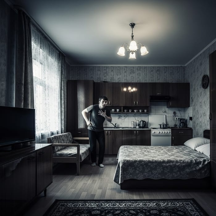 Young Man Startled at Home in Vintage Soviet Style