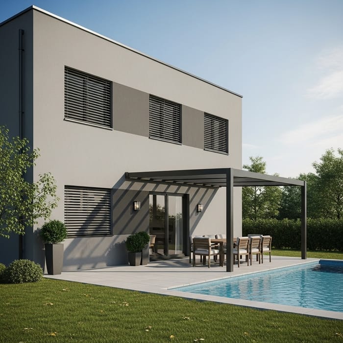 Sophisticated Modern House with Blinds, Pergola & Awning Sophisticated Modern House with Blinds, Pergola & Awning