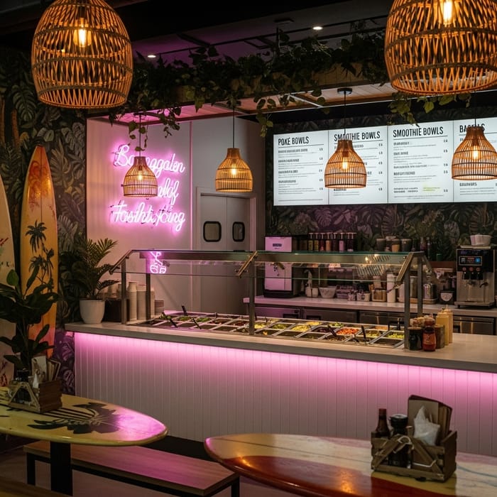 Vibrant Tropical Fast Food Restaurant | Surfing-Themed Ambiance