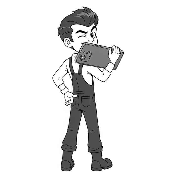 Mario-Style Animated Character with iPhone - Full-Body Illustration Mario-Style Animated Character with iPhone - Full-Body Illustration