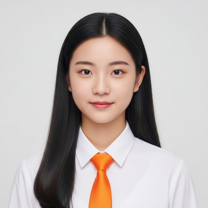 Asian Girl with Long Black Hair | White Shirt & Orange Tie