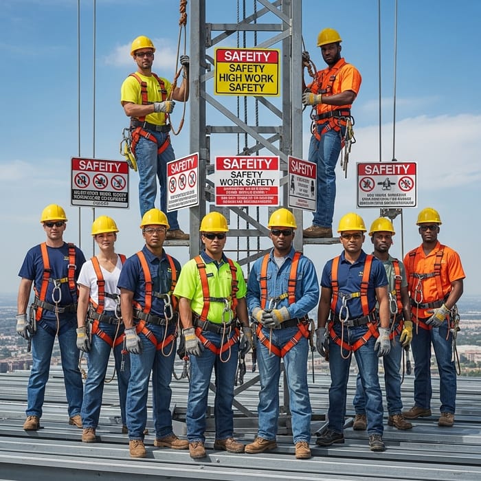Diverse Construction Workers Ensuring Height Work Safety