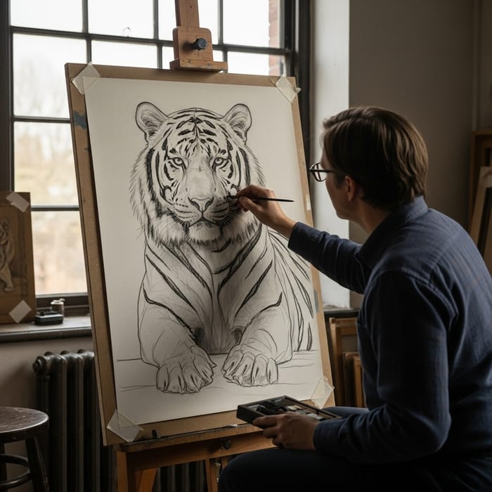 Artist Sketching Majestic Tiger