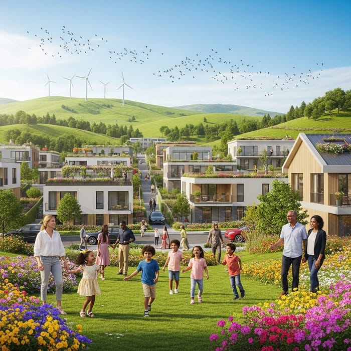 Happy & Colorful Modern Town with Wind Turbines & Birds