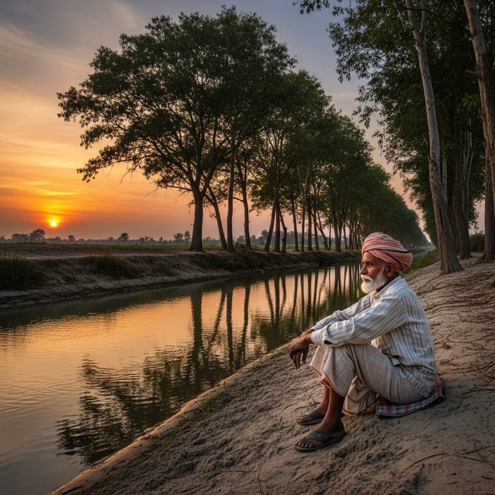 Tranquil South Asian Farmer by Creek at Sunset Tranquil South Asian Farmer by Creek at Sunset