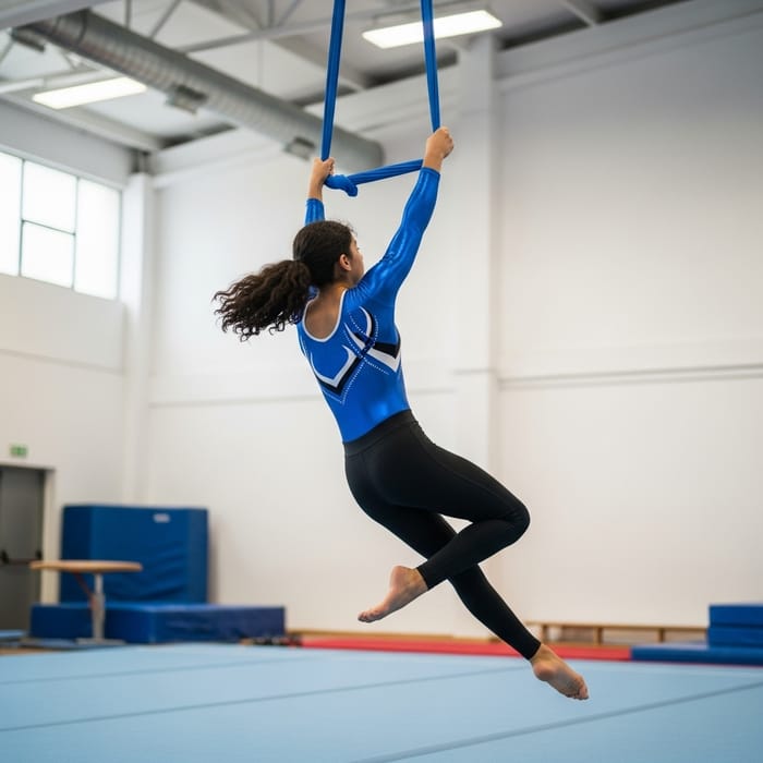 Teenage Girl Aerial Gymnastics in White Gymnasium Teenage Girl Aerial Gymnastics in White Gymnasium