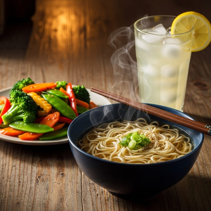 1k Meal: Noodle Soup, Vegetables & Lemonade