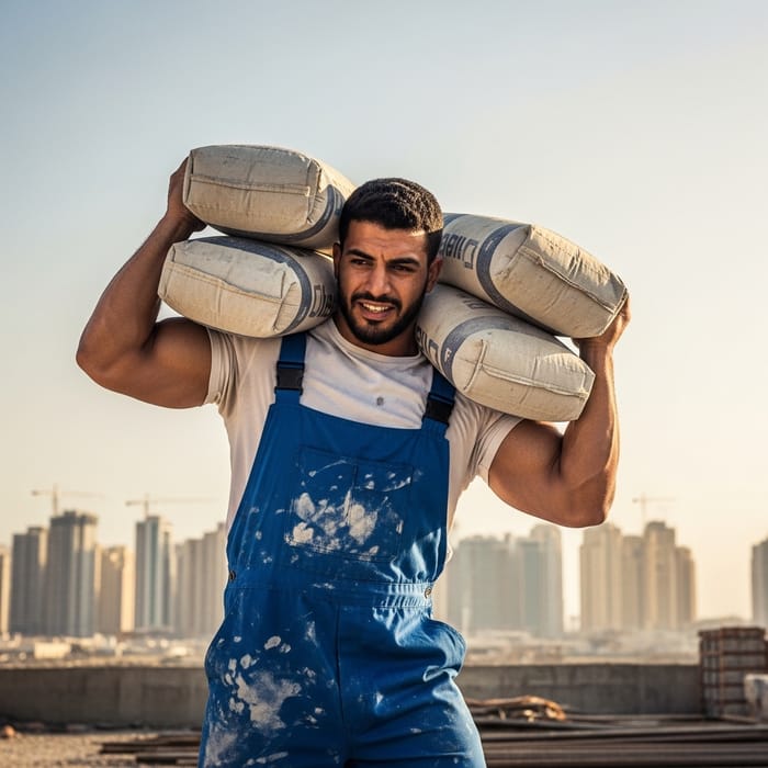 Strong Man Lifting Five Cement Sacks for Construction Site