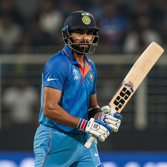 Virat Kohli: Iconic Male Indian Cricketer in Blue with Bat Virat Kohli: Iconic Male Indian Cricketer in Blue with Bat