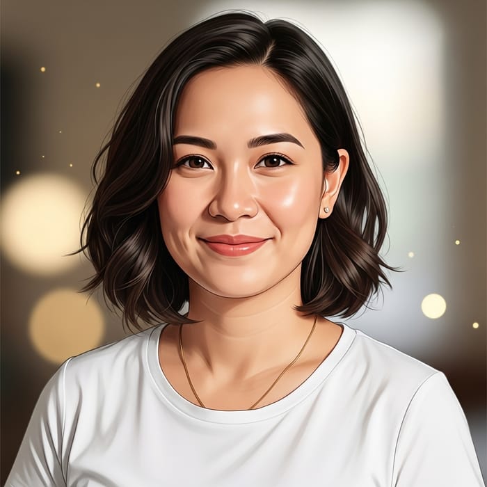 Filipina Woman in 30s: White T-Shirt, Gold Necklace & Brunette Wavy Hair Filipina Woman in 30s: White T-Shirt, Gold Necklace & Brunette Wavy Hair