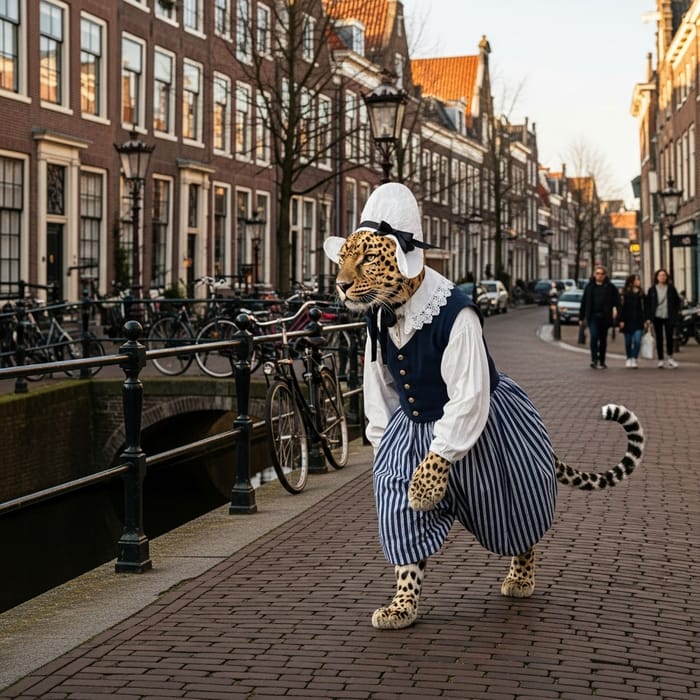 Leopard in Traditional Dutch Costume Enjoying Vibrant Leiden Leopard in Traditional Dutch Costume Enjoying Vibrant Leiden