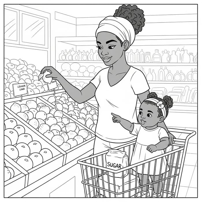 Cartoon Coloring Book Page: African American Girl & Mom at Grocery Store Cartoon Coloring Book Page: African American Girl & Mom at Grocery Store