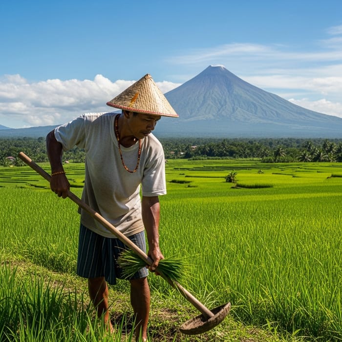Filipino Farmer in Verdant Fields | Mount Mayon View Filipino Farmer in Verdant Fields | Mount Mayon View