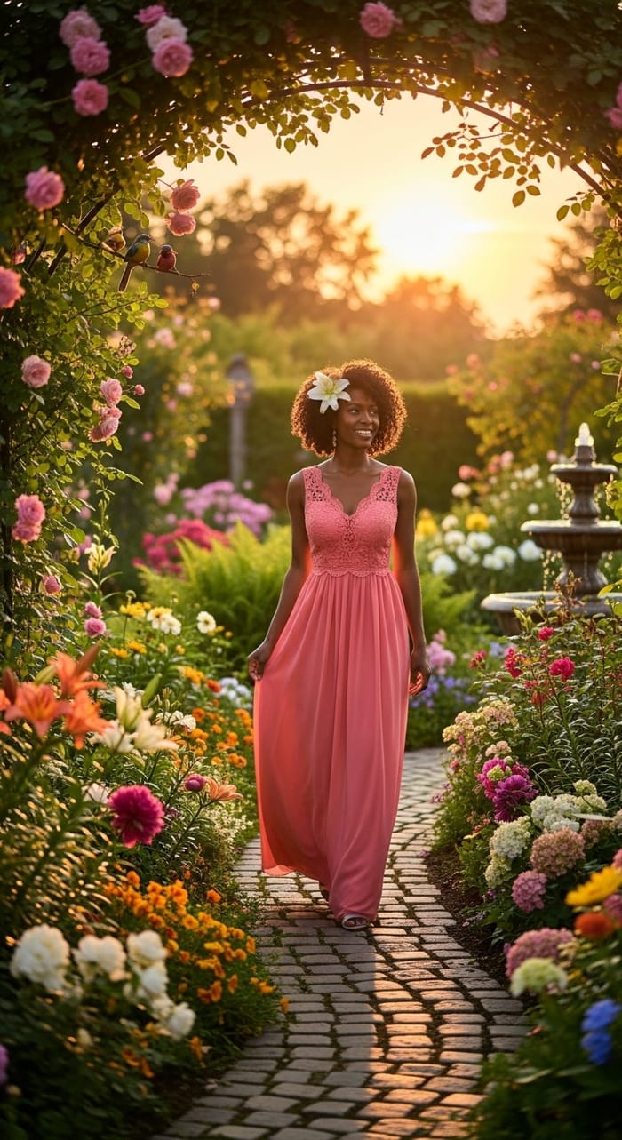 Elegant Woman in Long Dress Walking in Sunset Garden Elegant Woman in Long Dress Walking in Sunset Garden