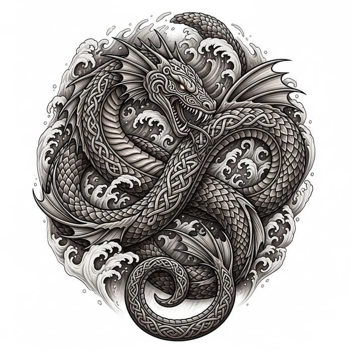 Viking Jörmungandr Tattoo in Viking Wood Style with Tumultuous Waters Viking Jörmungandr Tattoo in Viking Wood Style with Tumultuous Waters