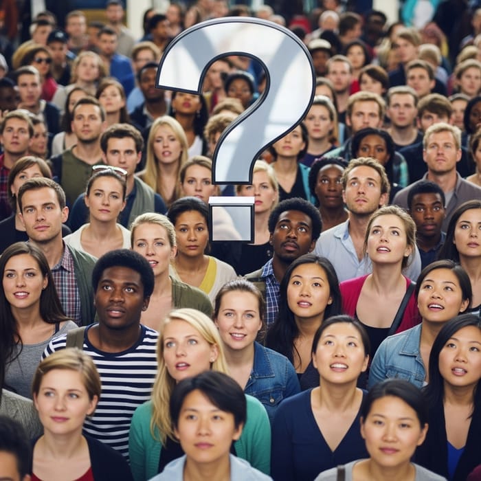 Diverse Crowd Gazing at Enigmatic Question Mark: Multicultural Gathering Diverse Crowd Gazing at Enigmatic Question Mark: Multicultural Gathering