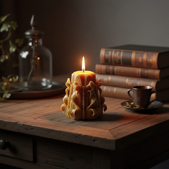Elegant Beeswax Candle on Antique Table Elegant Beeswax Candle on Antique Table