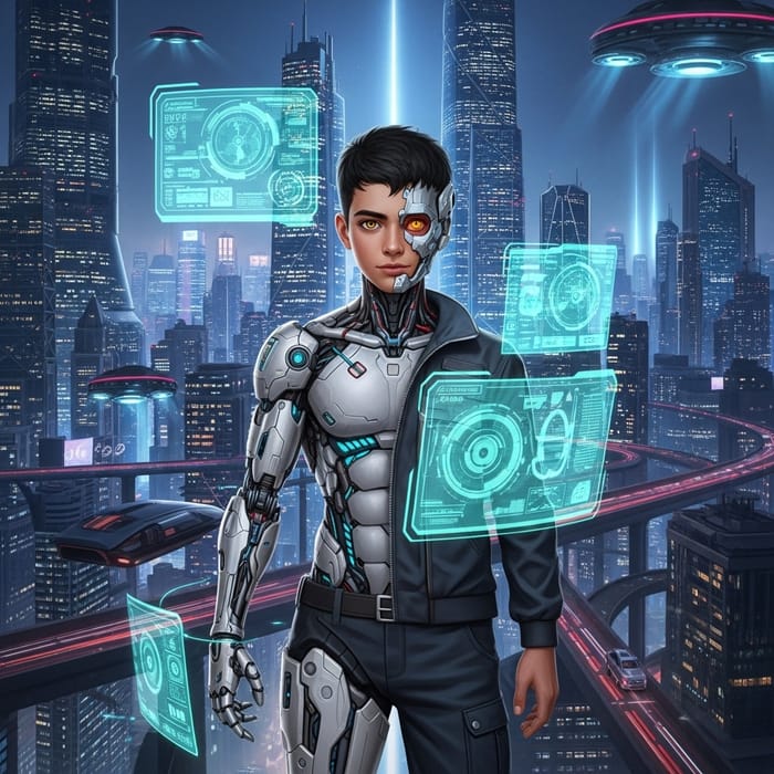 Teenage Cyborg in Futuristic City with Advanced Technology Teenage Cyborg in Futuristic City with Advanced Technology