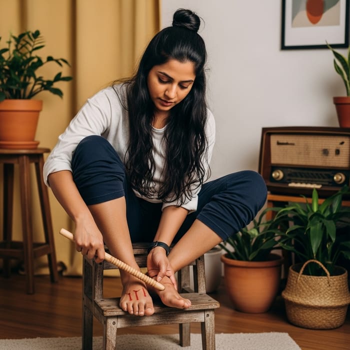 South Asian Woman Hitting Feet Stick Marks Discomfort Alleviation