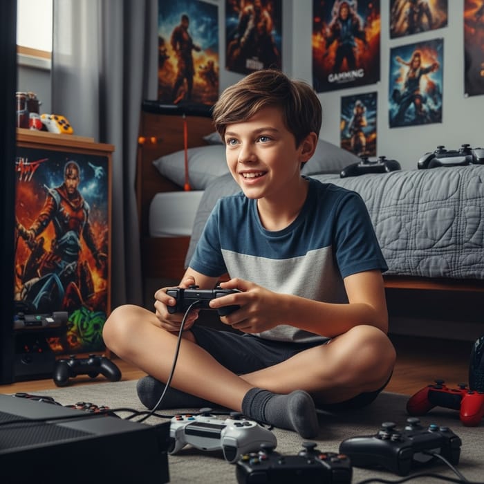 Young Boy Engrossed in Gaming