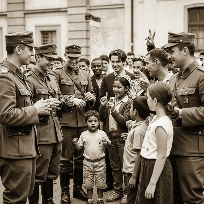 Austrian Soldiers Engaging with Civilians in Sepia Tone Atmosphere Austrian Soldiers Engaging with Civilians in Sepia Tone Atmosphere