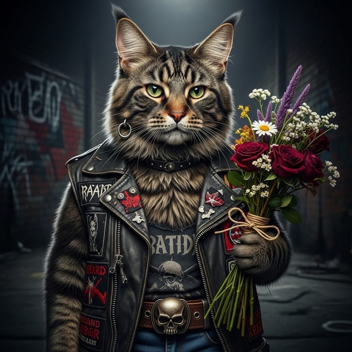 Brutal Rocker Cat with Bouquet - Unique Artwork Brutal Rocker Cat with Bouquet - Unique Artwork